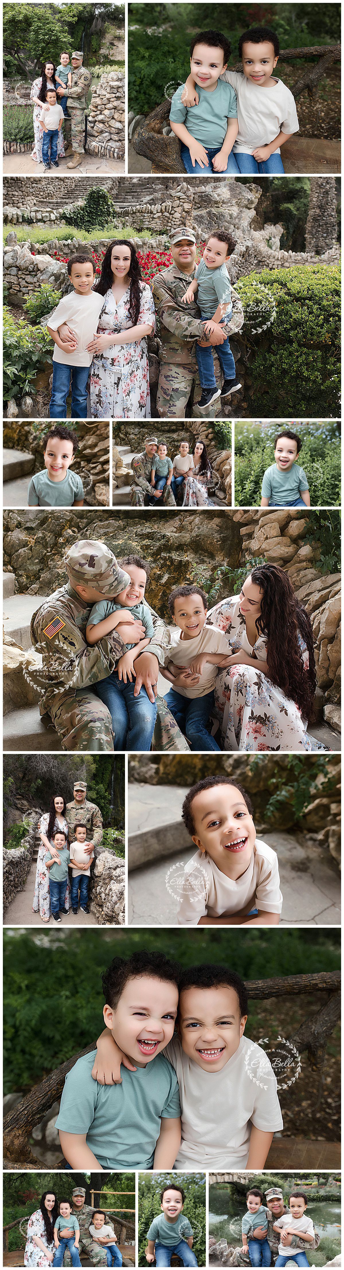 Outdoor family photo session featuring military service member and casual coordinated outfits.