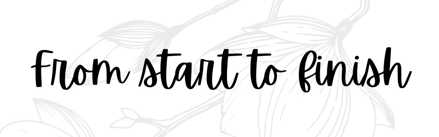 Stylish calligraphy text reading 'From start to finish' with minimal floral accents.