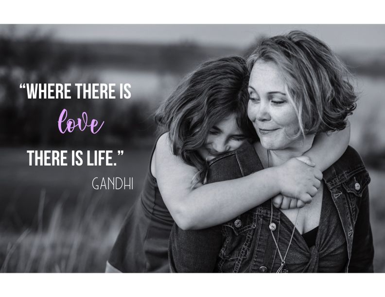 Black and white photo collage with inspirational Gandhi quote about love and life.