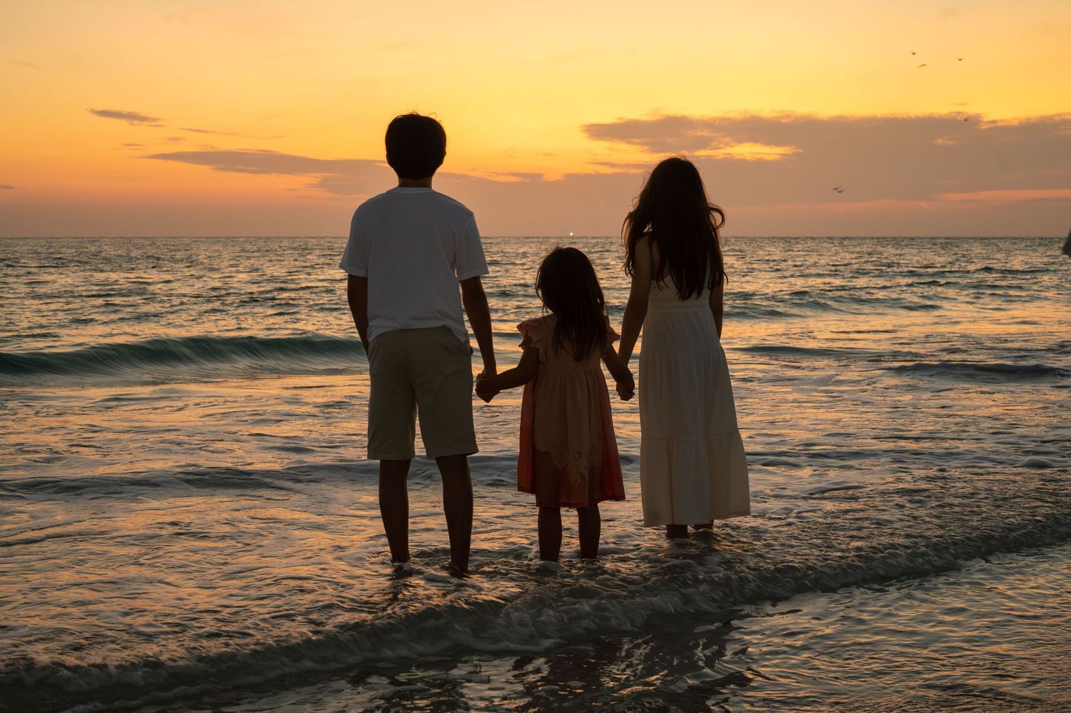 Silhouettes of people watching sunset over ocean waves.