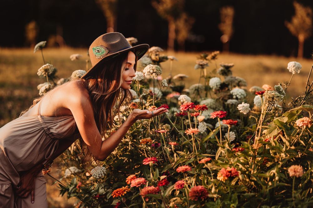 Romantic garden scene with blooming flowers in warm sunset light.