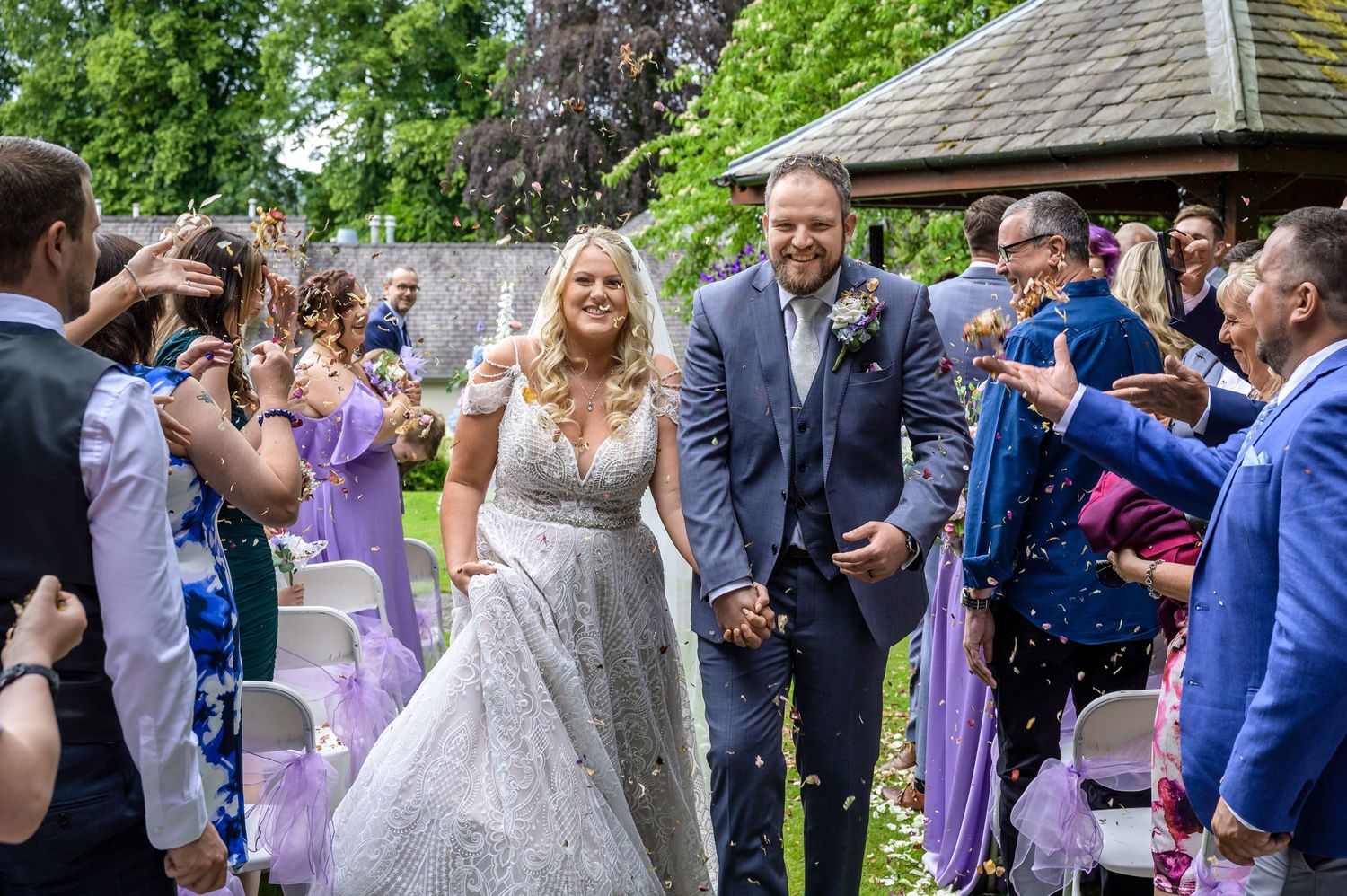Confetti exit after Lake District wedding at Briery Wood Country House