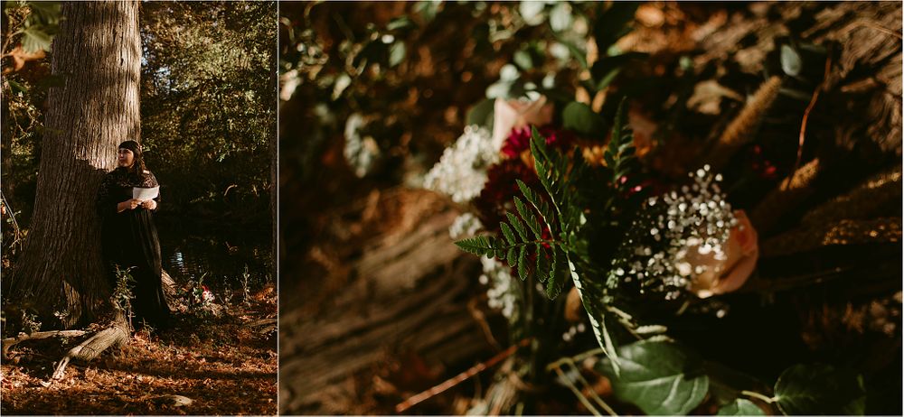 A romantic woodland photoshoot with a vintage aesthetic features and florals in warm autumn light.