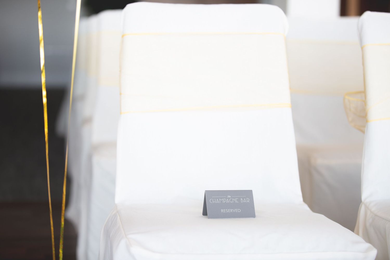 Close-up of a white chair with a small gray object placed on the seat.