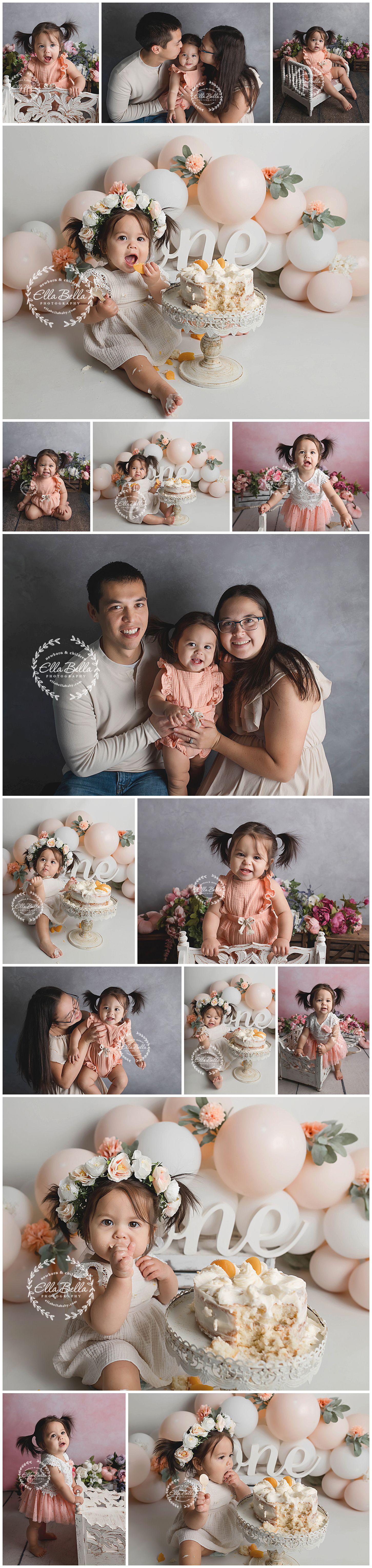 Pink and white themed first birthday photo session with cake smash, balloons, and family portraits.