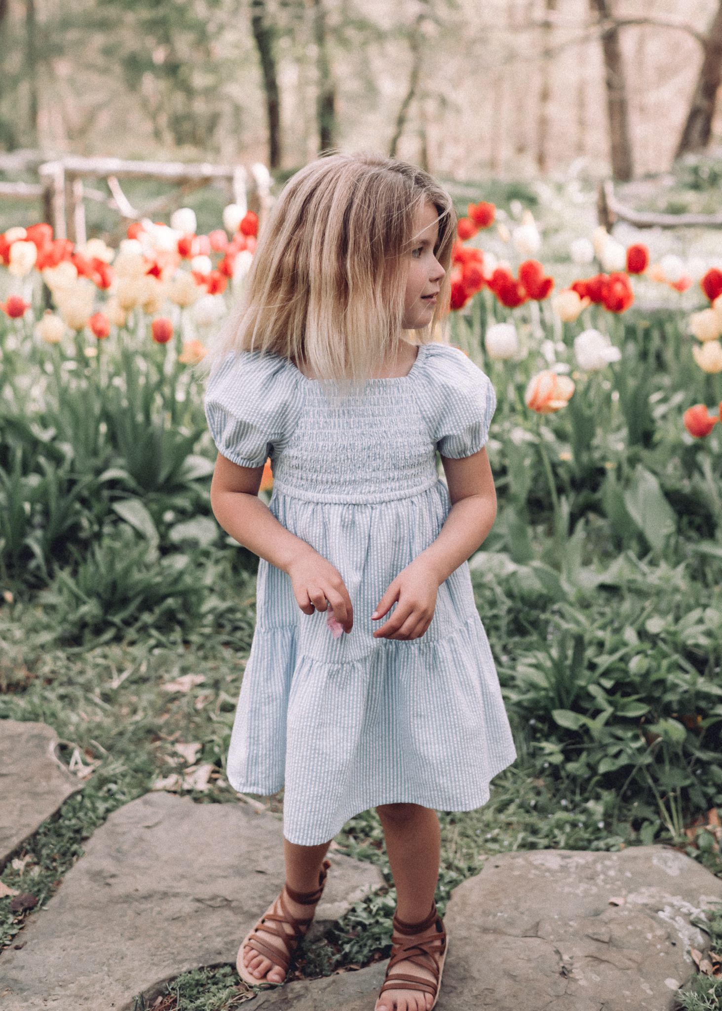 Child in light blue smocked dress stands among blooming red tulips in garden.