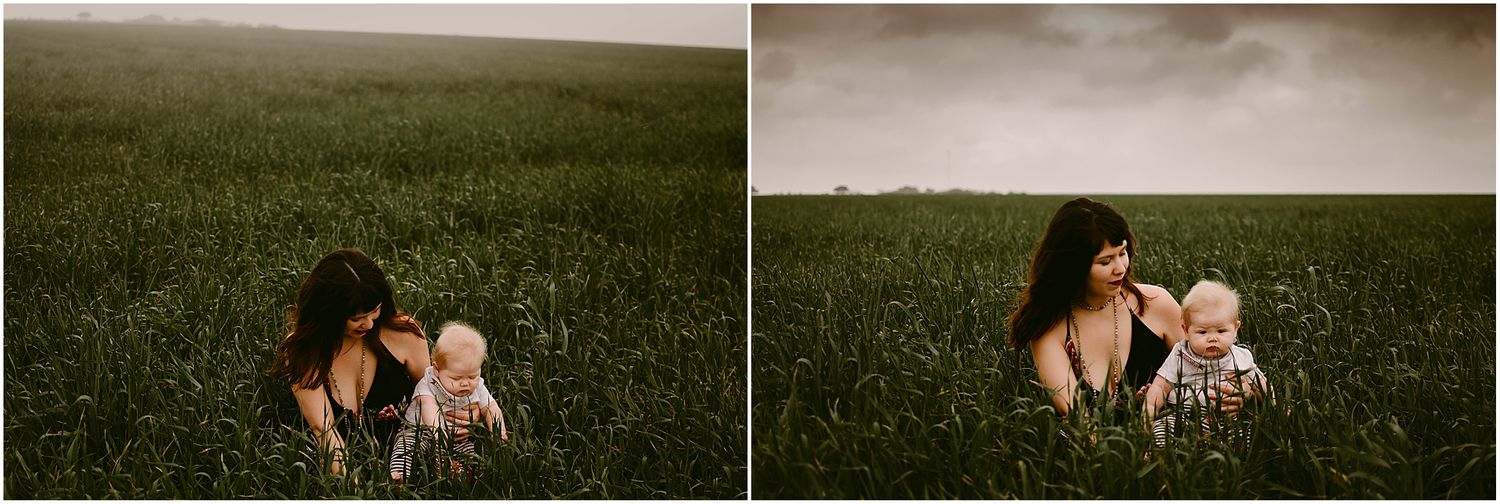 Two dreamy outdoor portraits taken in a vast grassy field under moody skies.