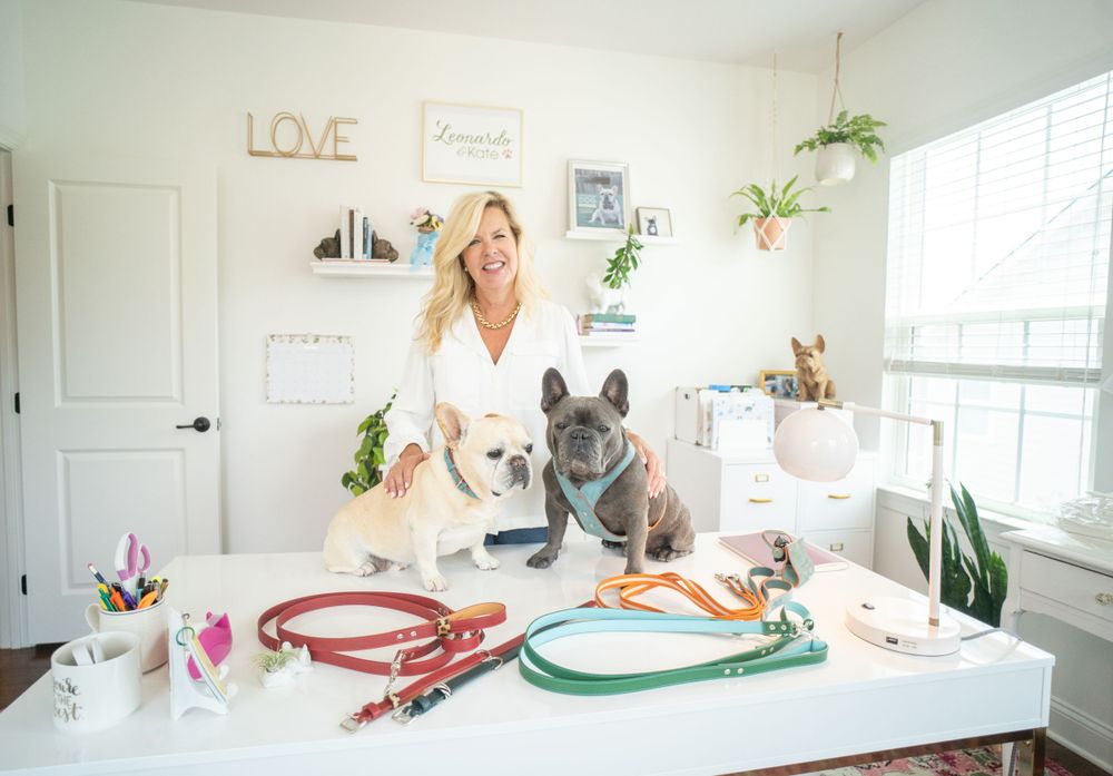 A bright office workspace with two dogs and colorful pet leashes displayed on a white table.