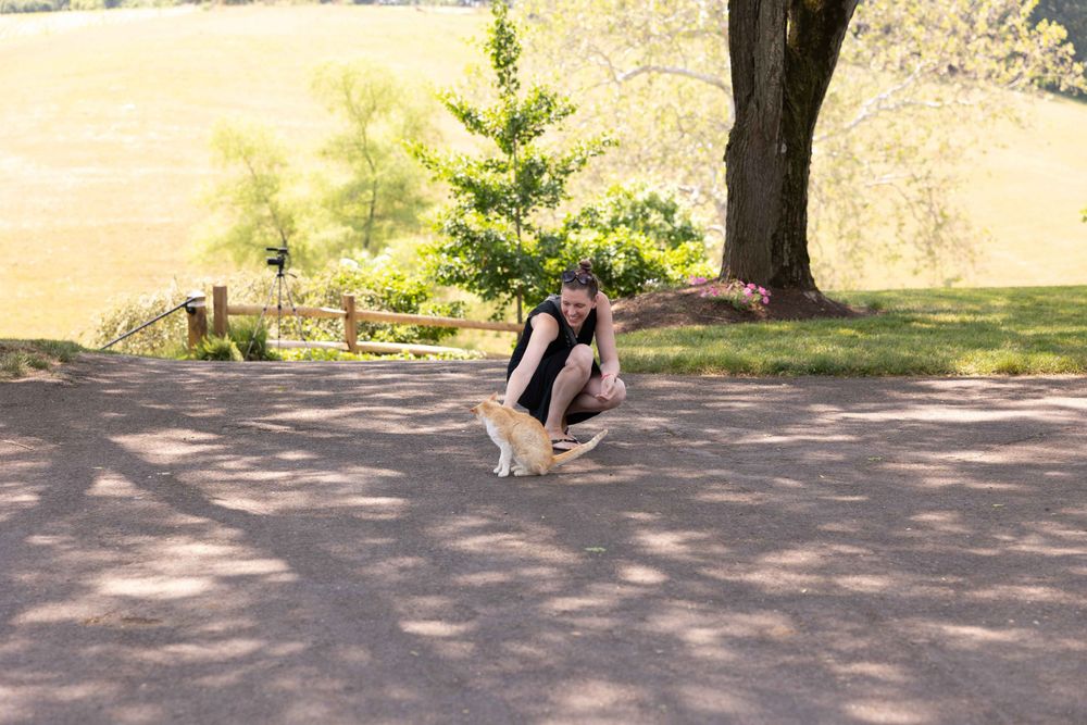 A person crouches on a paved path surrounded by grass and trees on a sunny day.