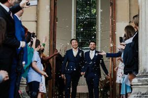 Gay wedding at Arnos Vale  in Bristol , confetti  photos