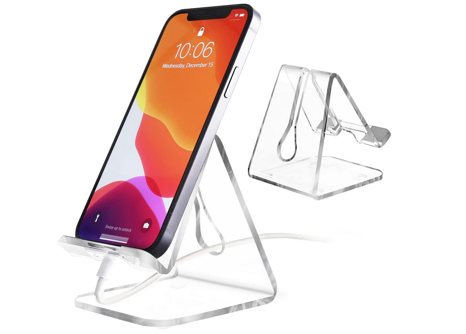 Clear acrylic phone stand displaying smartphone with minimalist triangular design.