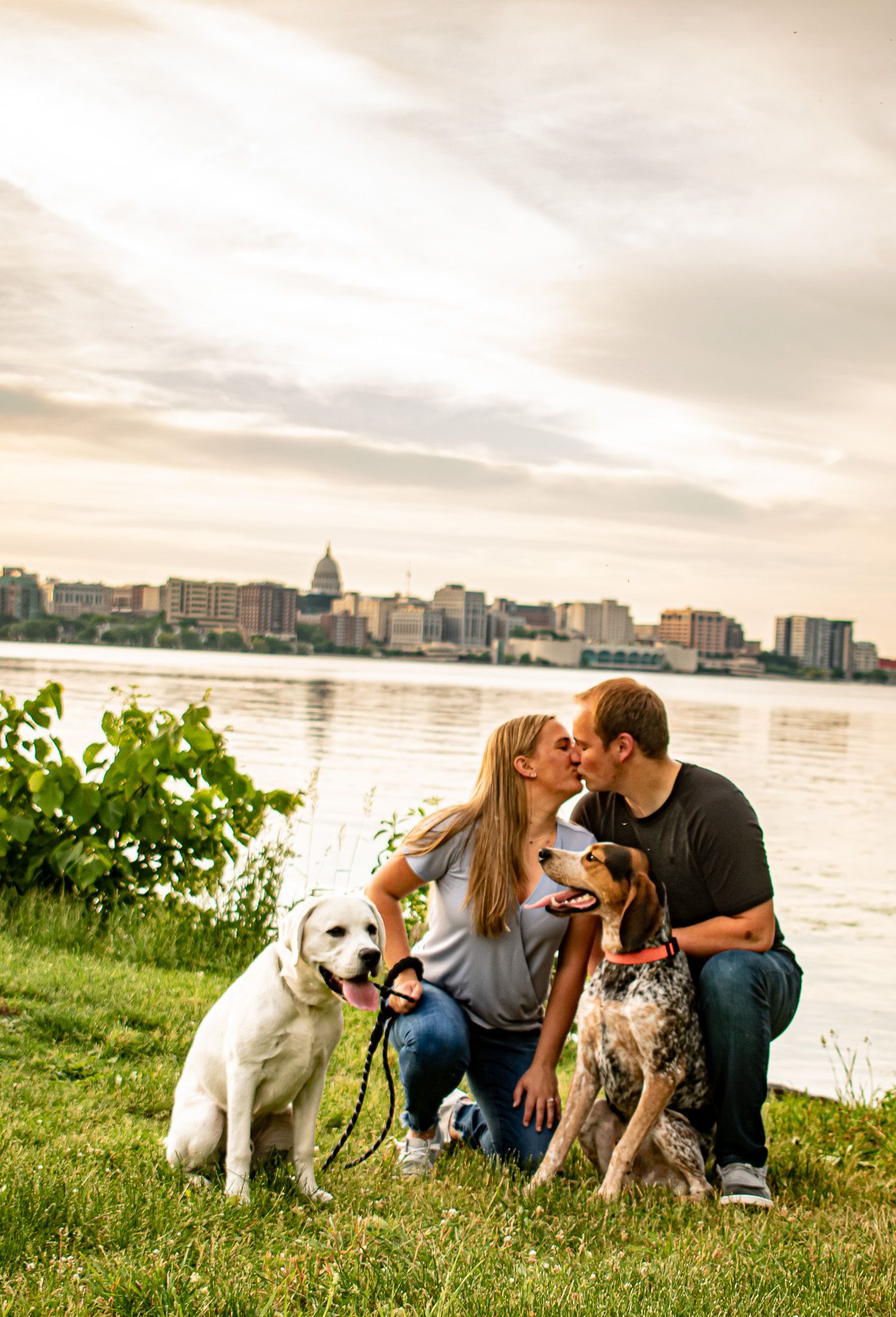 A couple with their two dogs sitting by a waterfront with a city skyline in the background.