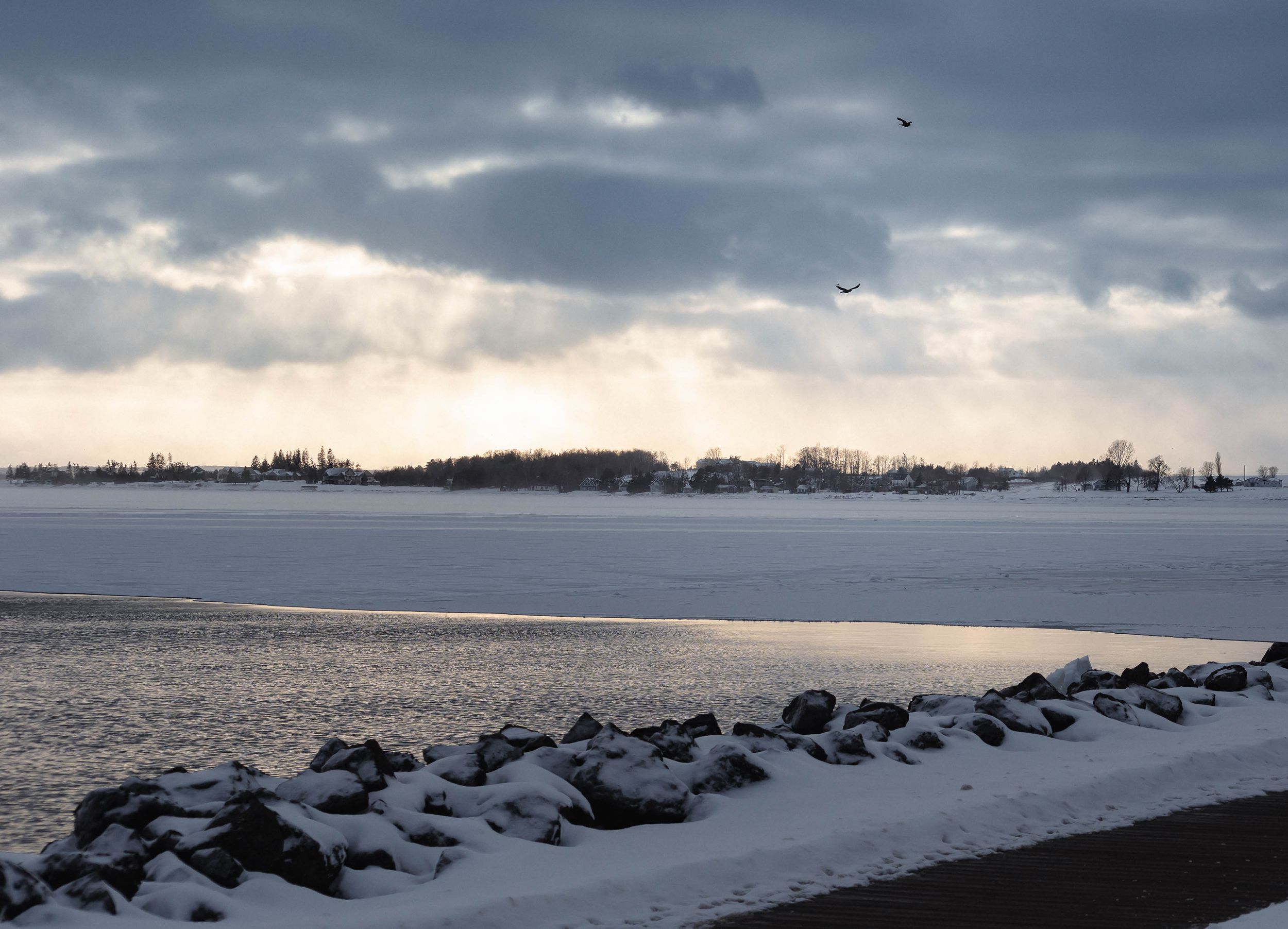 Frozen winter landscape with rocky breakwater extending into a gray ocean under cloudy skies.