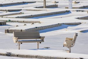 Empty wooden benches covered in snow line up along a marina walkway.