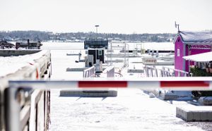 Snow covered marina docks with colorful buildings and boats in the distance.