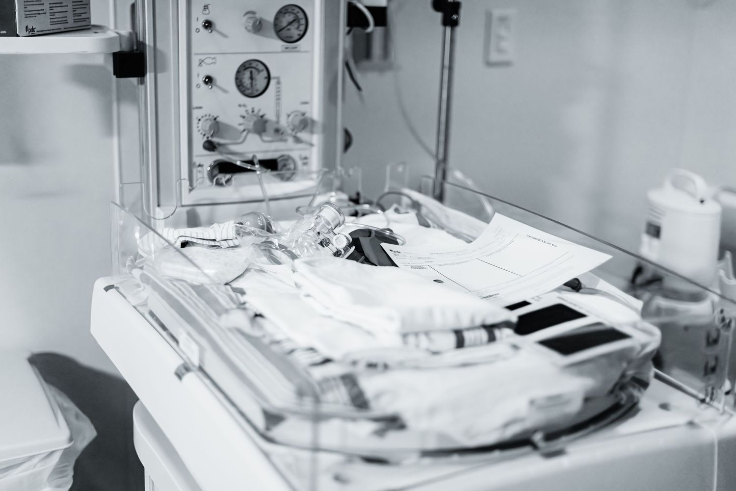 Close-up view of a hospital infant warmer bed with medical equipment.