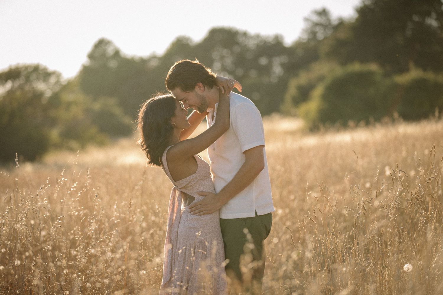 Couple hugging in a golden field