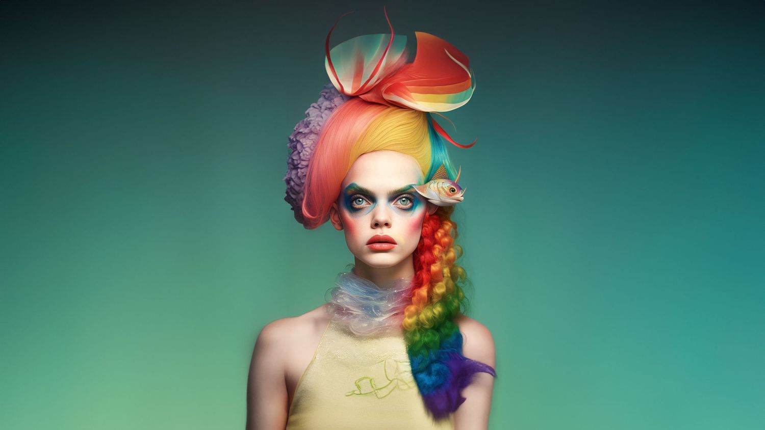 Avant-garde beauty portrait with rainbow-colored hair and pastel makeup.