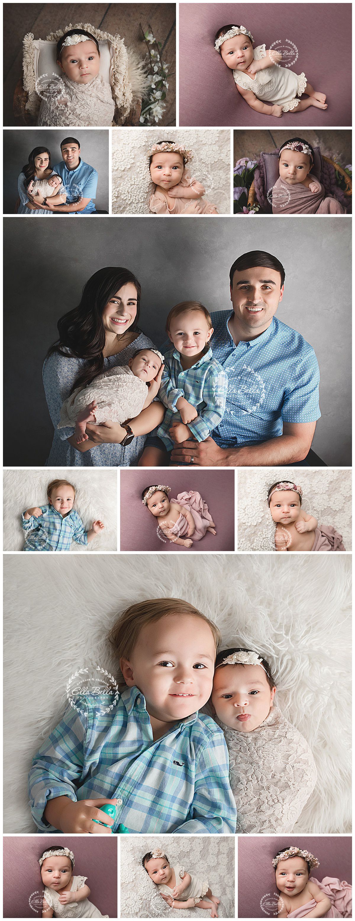 Professional newborn and family photo collage featuring baby girl in vintage-inspired setups.