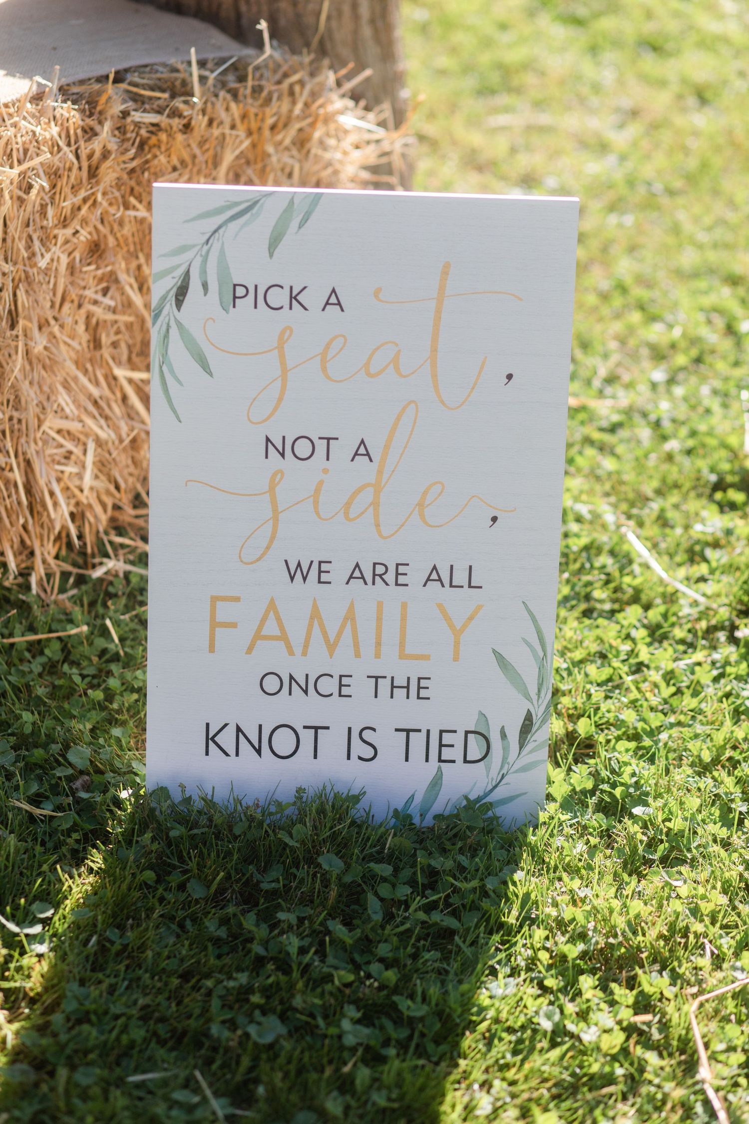 Wedding seating signs with elegant script stating 'Pick a seat, not a side - we are all family'.
