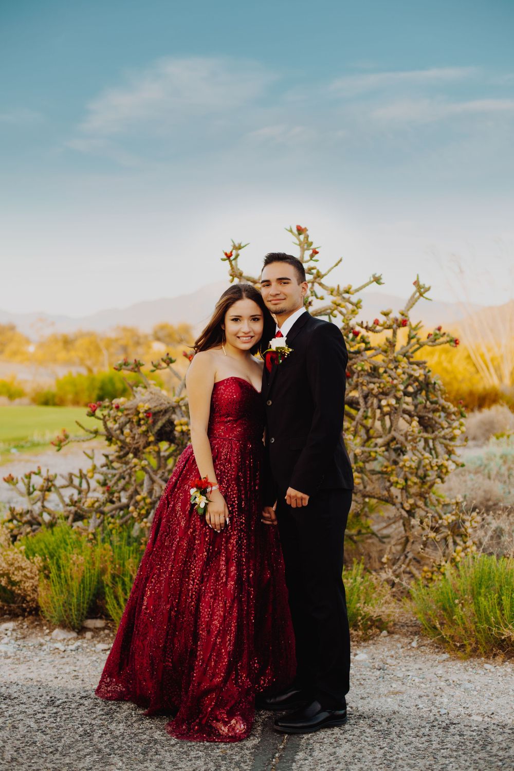 A couple poses in formal attire with red dress and black suit against a desert landscape.