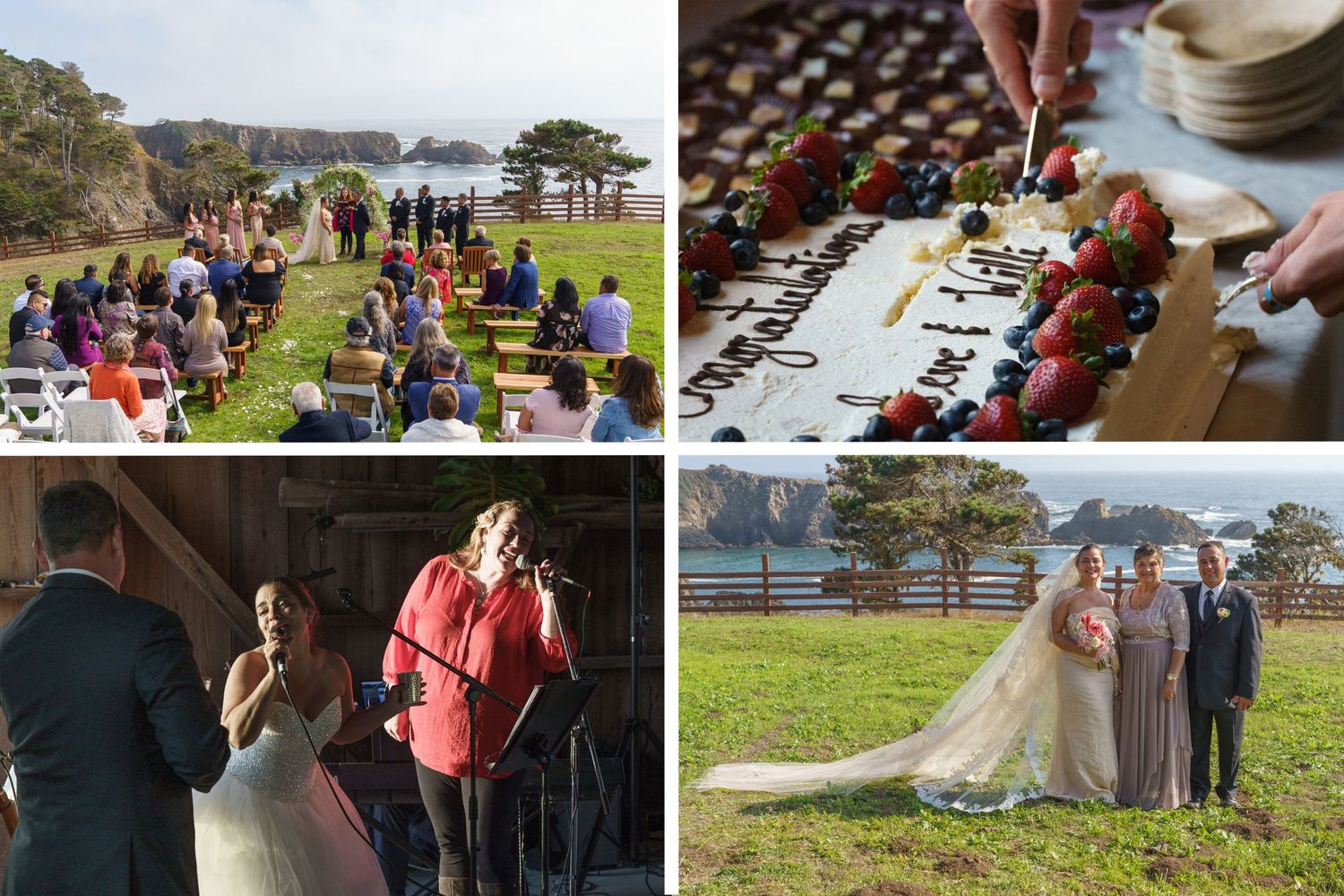 Collection of wedding celebration images showing outdoor ceremony, reception details and family portraits.