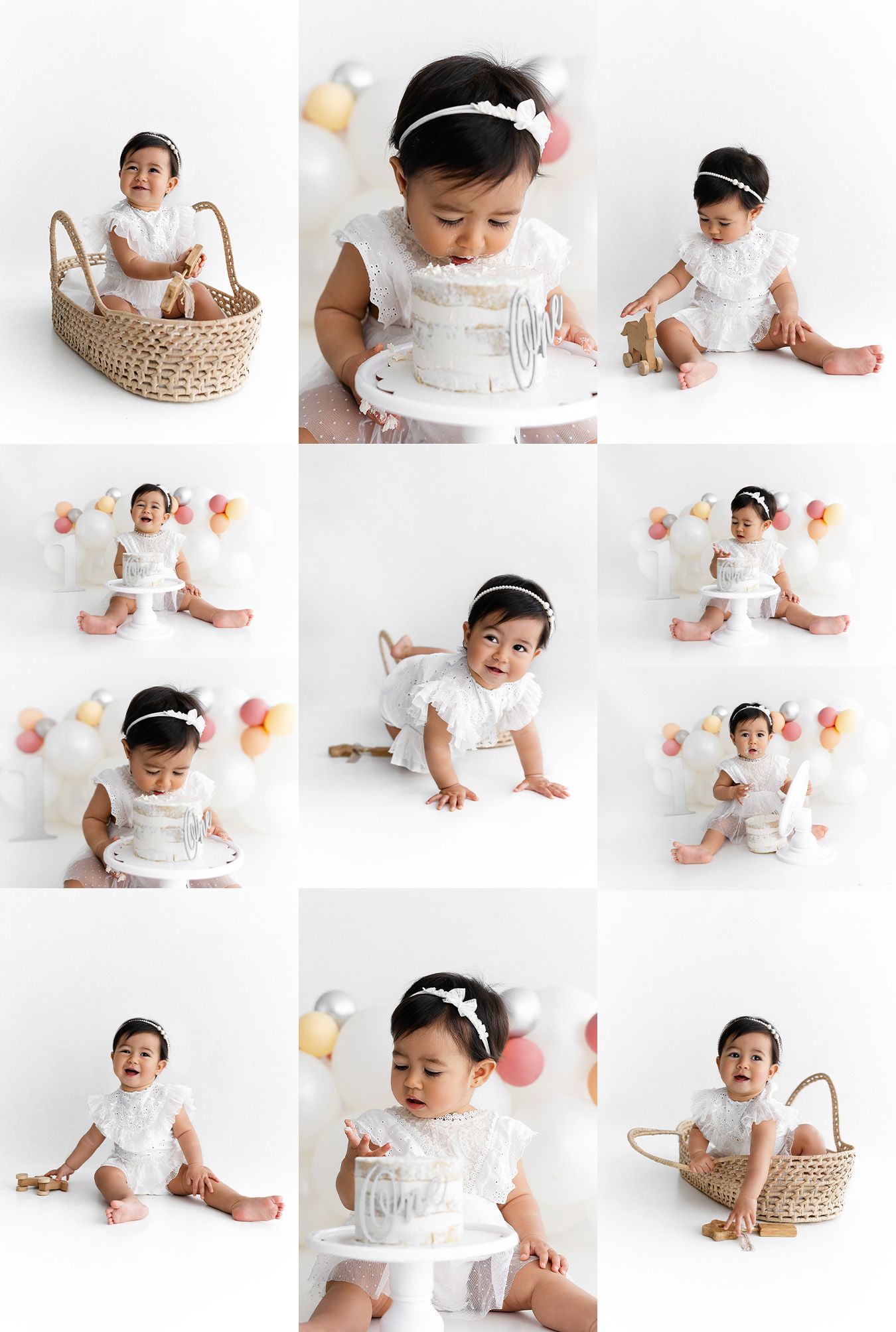 Collection of milestone photos showing baby in white outfit with woven basket and decorations.