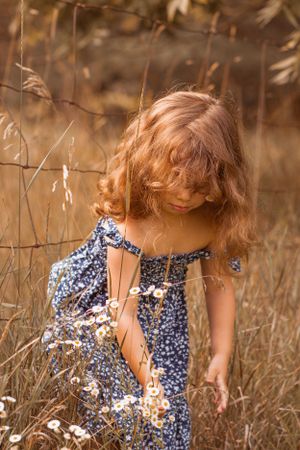 A child in a floral dress plays in a field of tall golden grass during sunset.
