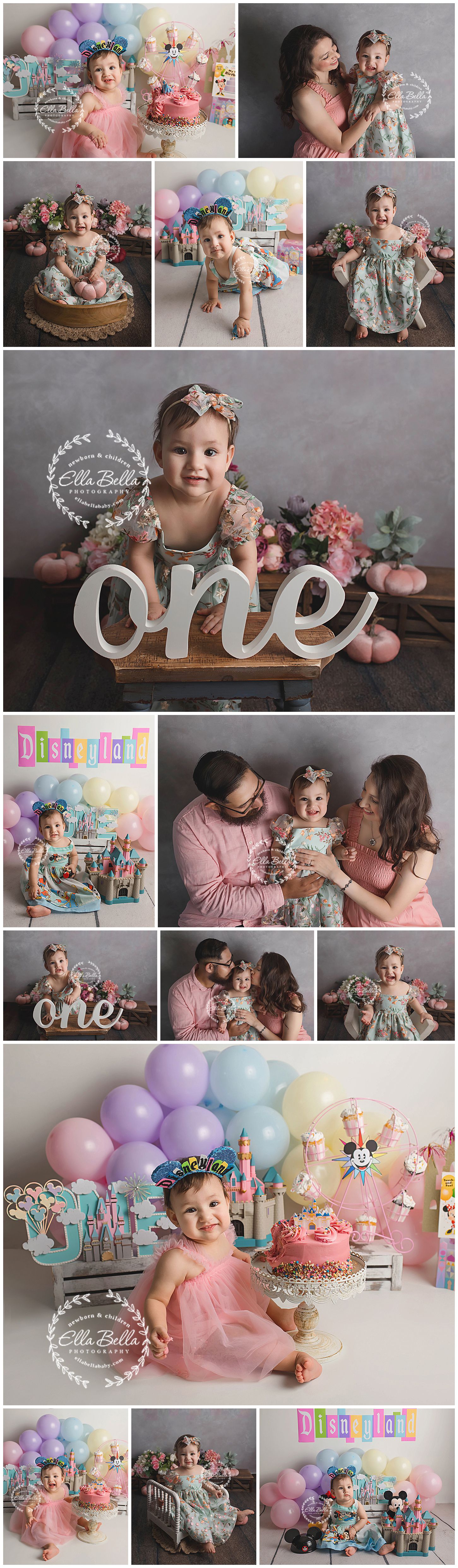First birthday celebration photoshoot with pastel balloons and pink cake decorations.