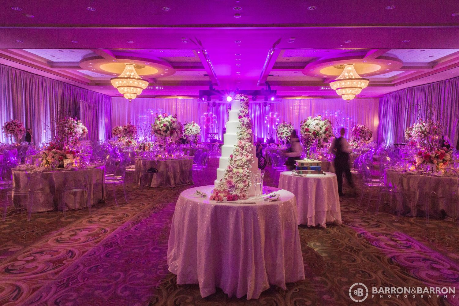 Elegant wedding reception ballroom with purple lighting and a tall white wedding cake as centerpiece.