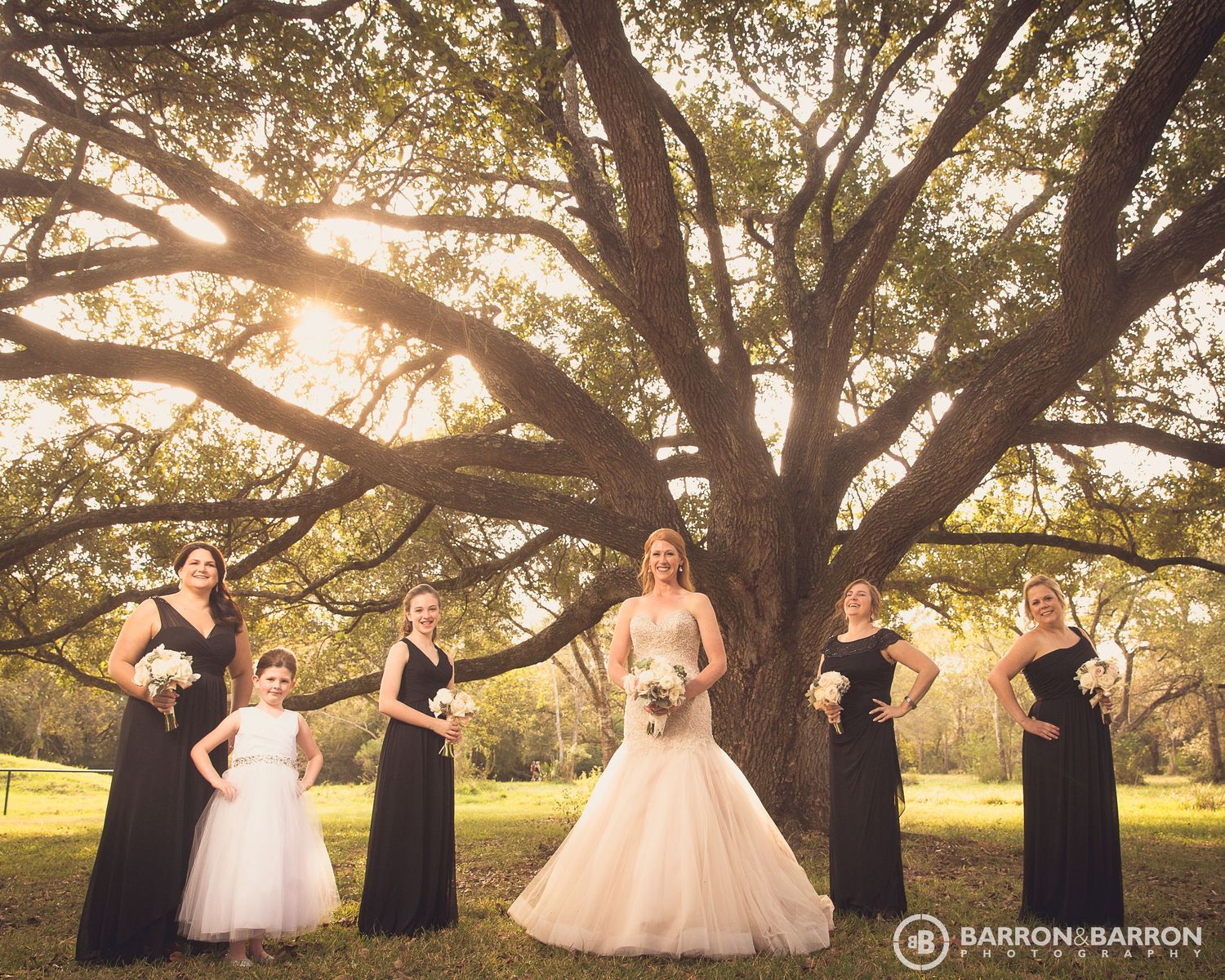 Wedding party poses under a majestic oak tree at sunset.
