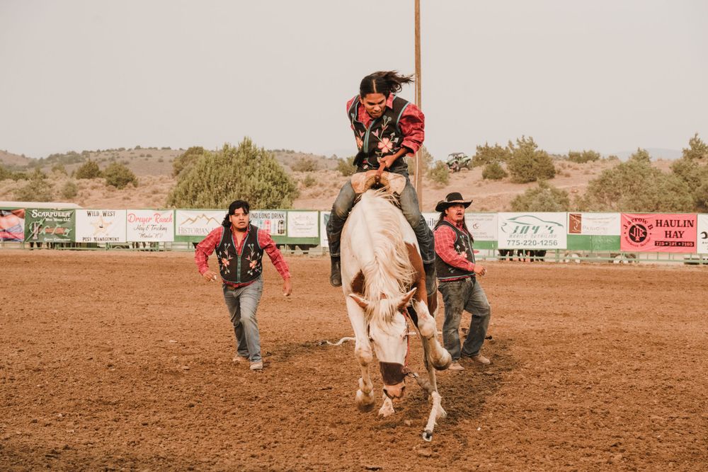 Sequence of rodeo action shots showing riders in a dusty arena.