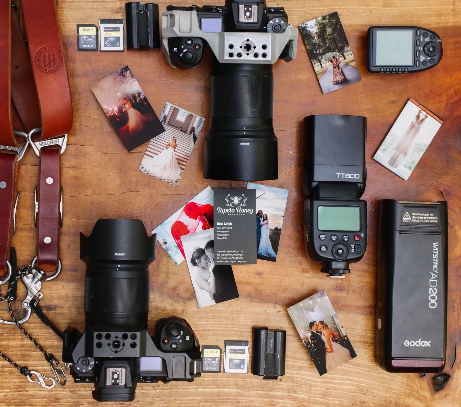 Flat lay of photographers equipment