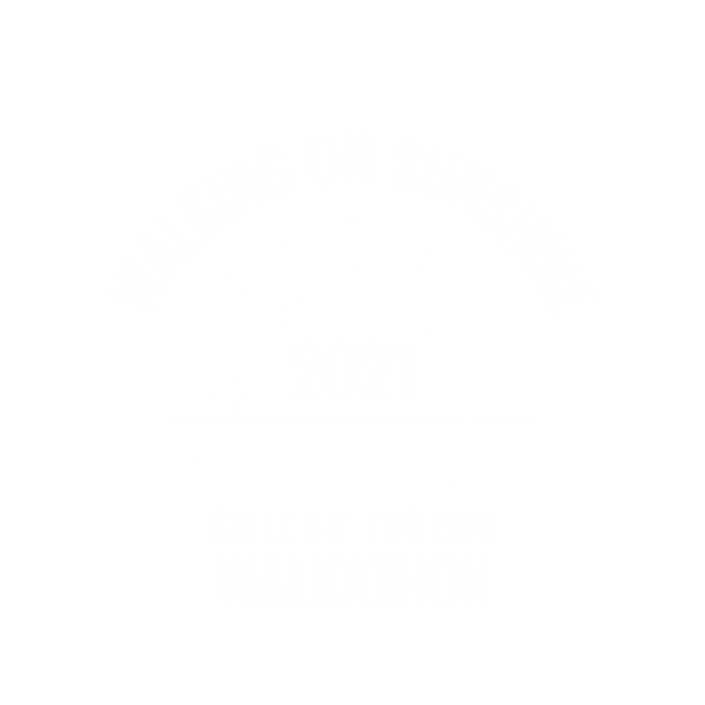 White text logo for Shelby Tigers Walkathon with rising sun design.