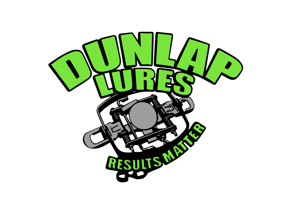 Neon green Dunlap Lures fishing logo with tackle box graphic and Results Matter tagline.
