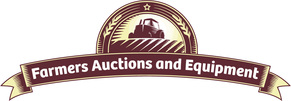 Vintage style banner logo for Farmer's Auctions and Equipment in burgundy and bronze tones.