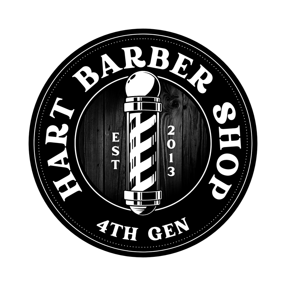 Vintage-style barber shop logo with traditional barber pole on wooden background.