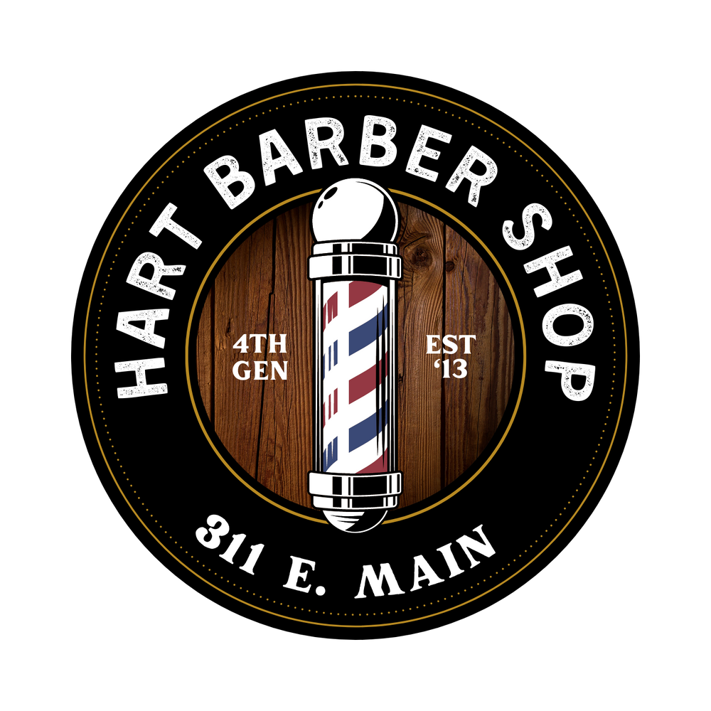 Circular barber shop logo featuring classic striped pole against wood grain background.