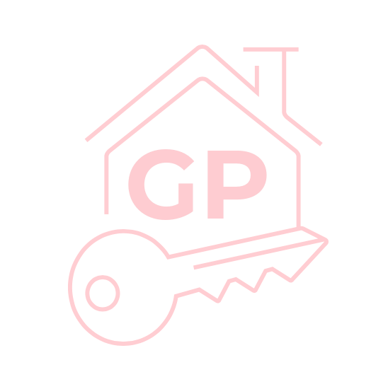 Pink minimalist house key real estate logo design with GP text.