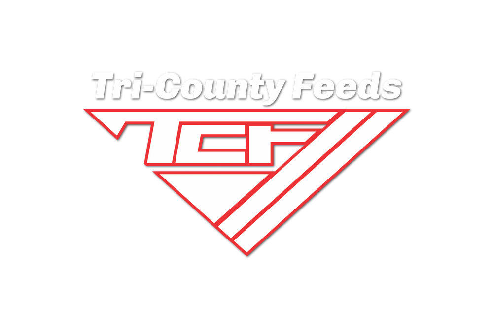 Red and white angular logo design for Tri-County Feeds company.