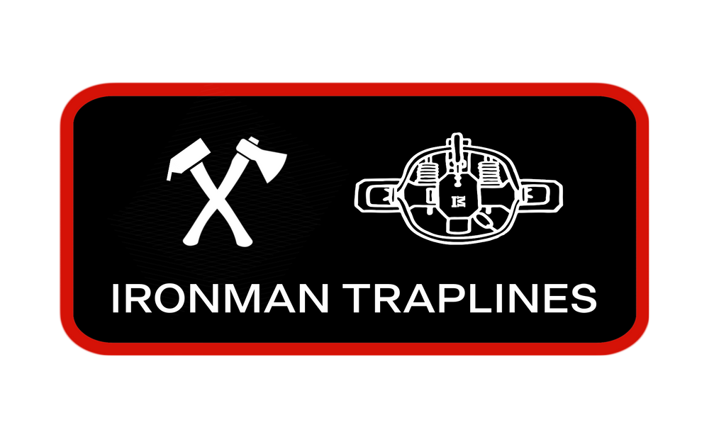 Black and red logo for Ironman Traplines featuring crossed axes and gear design.