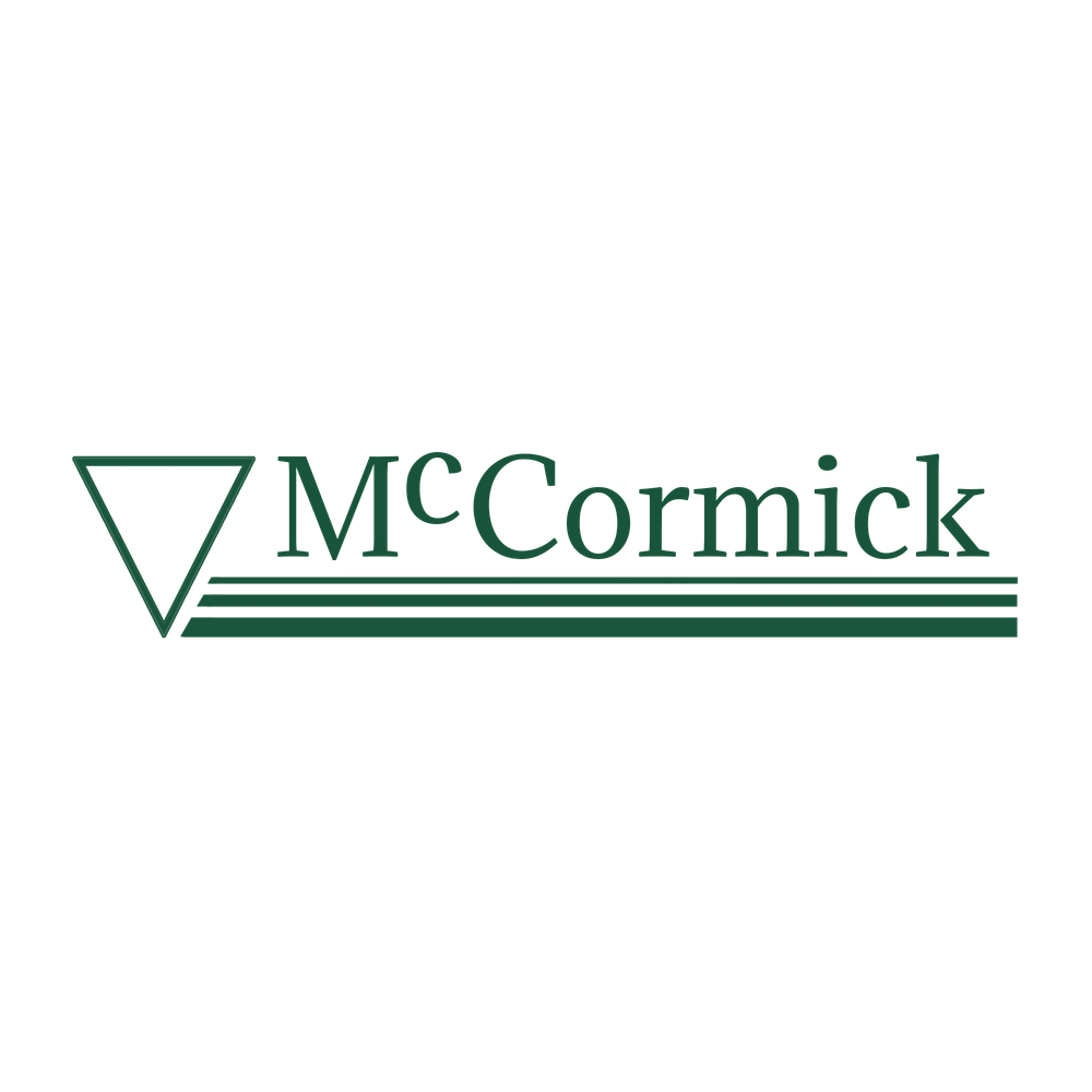 Simple green text logo for McCormick with triangular design element and horizontal lines.