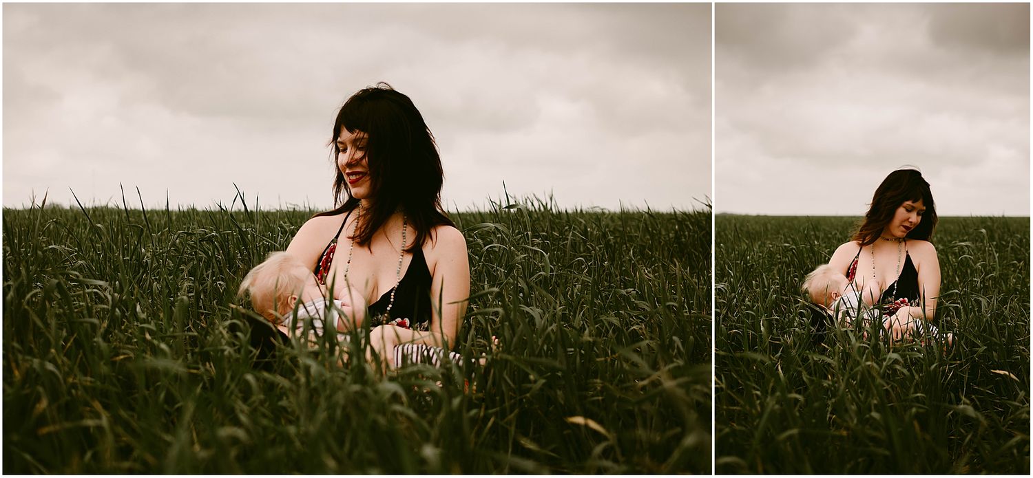 Artistic diptych showing intimate nursing moments in natural outdoor setting.