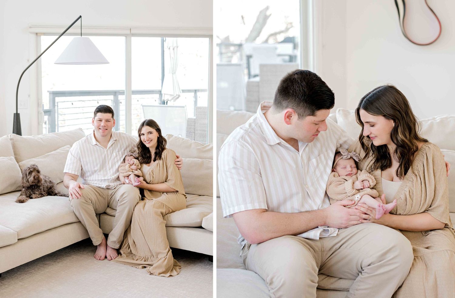 Candid family moments captured in a bright, minimalist living room setting.