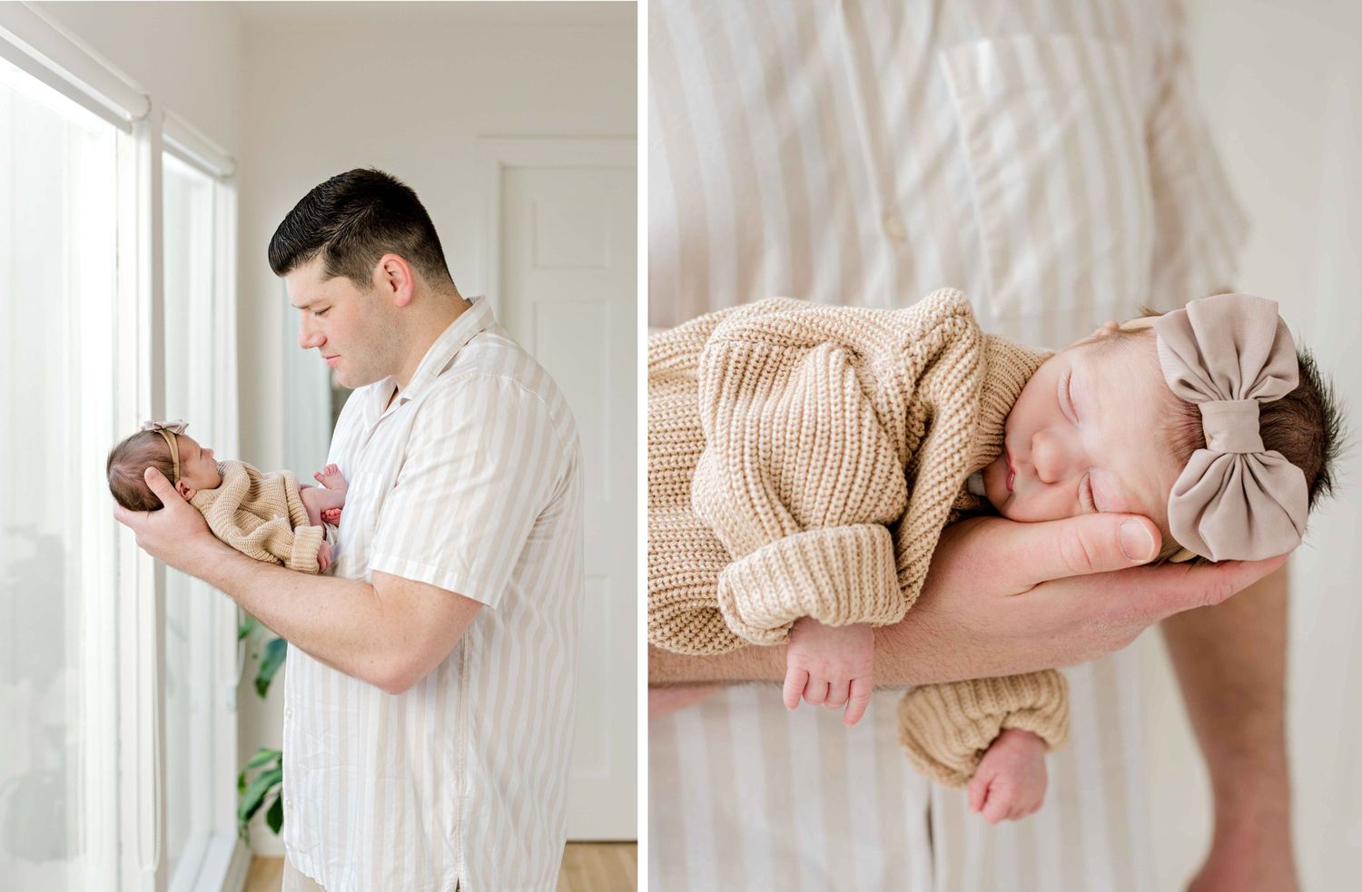 Diptych showing a parent holding their newborn and a sleeping baby in knit clothing.