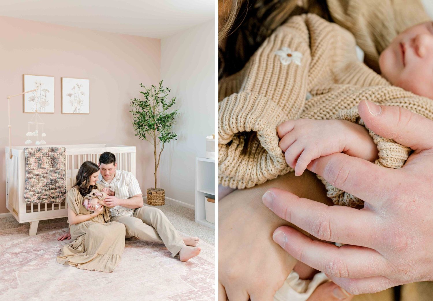 Modern nursery interior with pink walls and cozy moments captured with baby.