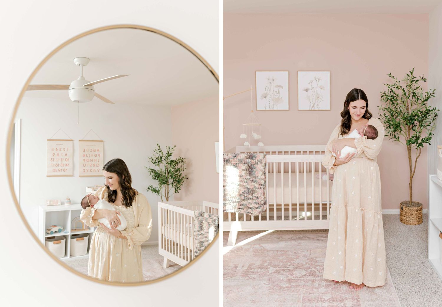 Nursery room interior with mirror reflection and pink walls, featuring elegant maternity moment.