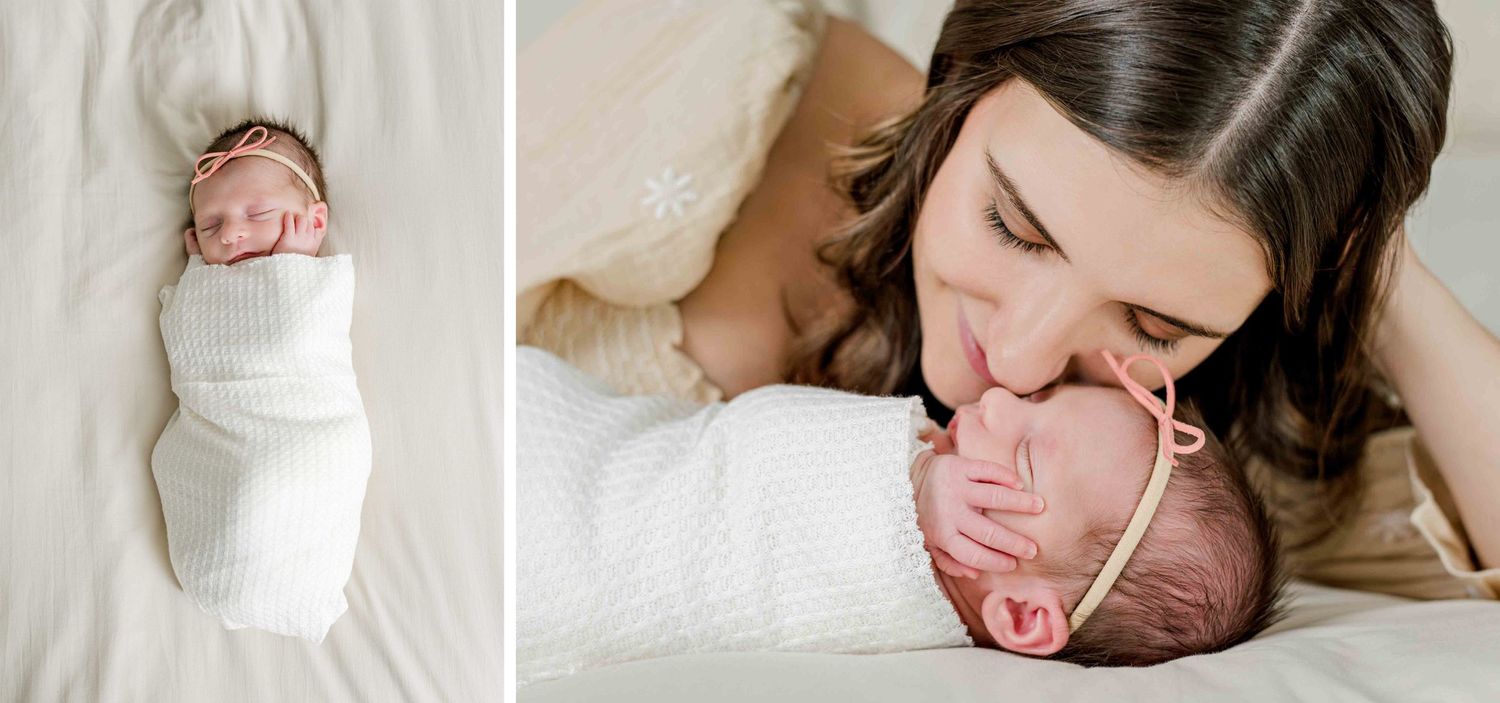 Two heartwarming portraits of tender newborn moments in soft white tones.
