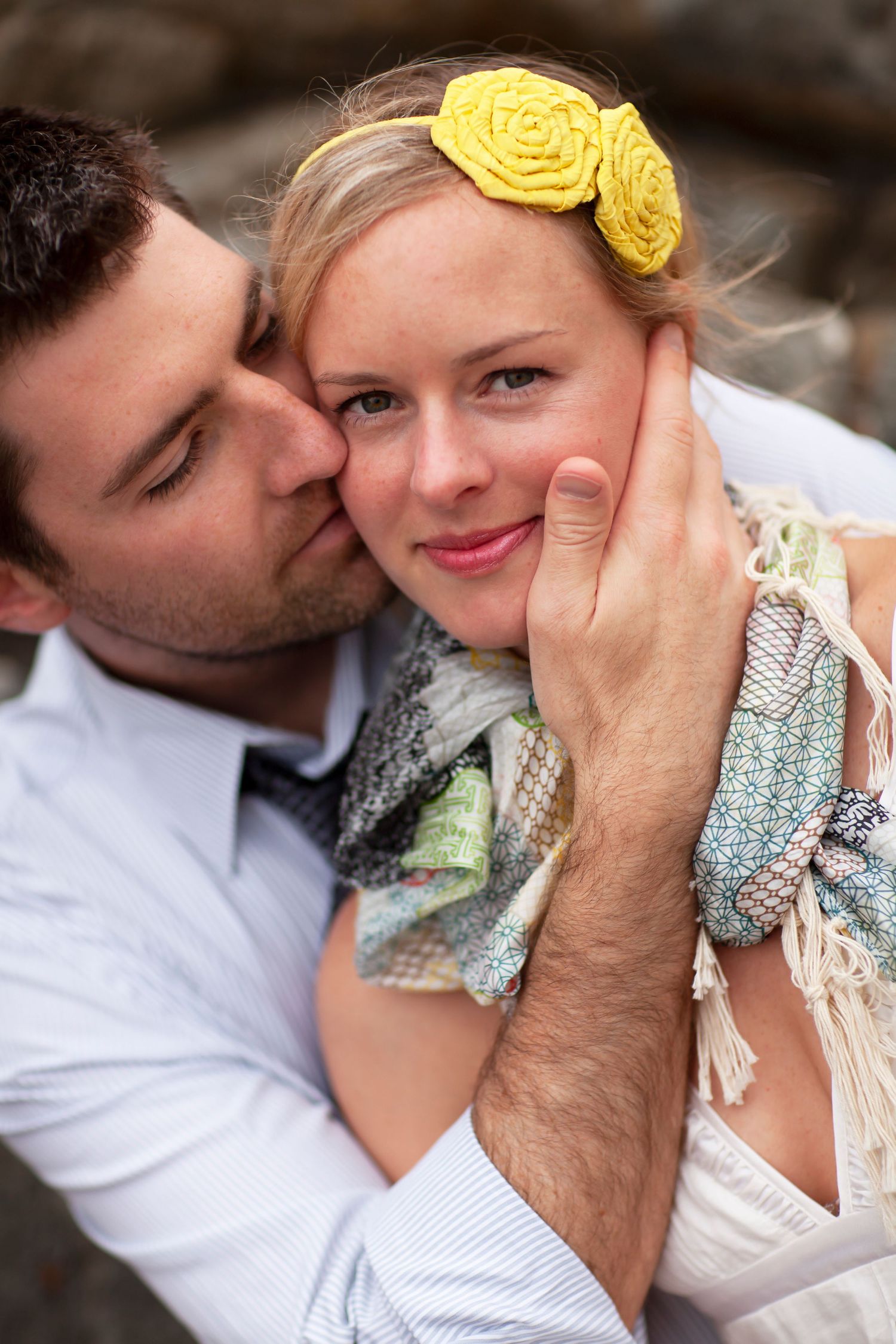 Intimate portrait series featuring yellow floral accessories and vintage-inspired styling.