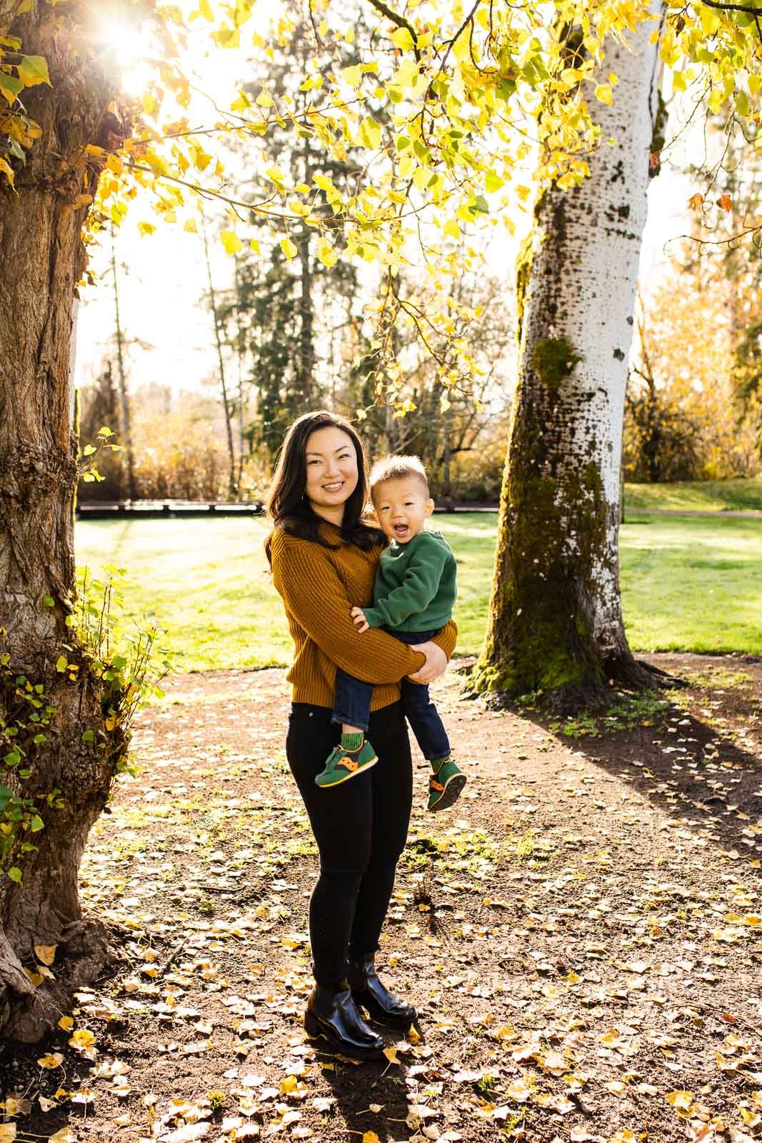 A mother hugging her son at Kelsey Creek Farm